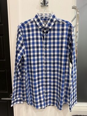 Express Men’s Blue and White Check Long-Sleeve Button-Down Shirt